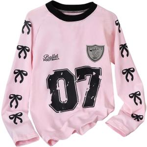 RoseSeek Girl's Jersey Bowknot Graphic Number Print Tees Long Sleeve Crew Neck Shirts Cute Tee Tops Streetwear Pink 12Y