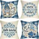 Hello Winter Warm Wishes Gnome Decorative Throw Pillow Cover Set of 4, Snowflake Hot Cocoa Baby It's Cold Outside Cushion Case Decor, Buffalo Plaid Christmas Decoration for Sofa Couch 18 x 18