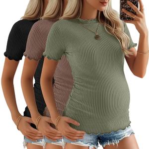 3 Pack Women's Ribbed Maternity Tops | Short Sleeve, Ribbed Knit, Crew Neck, Side Ruched, Pregnancy Clothes, Maternity Shirts, Soft, Stretchy, Breathable, Comfy (M)