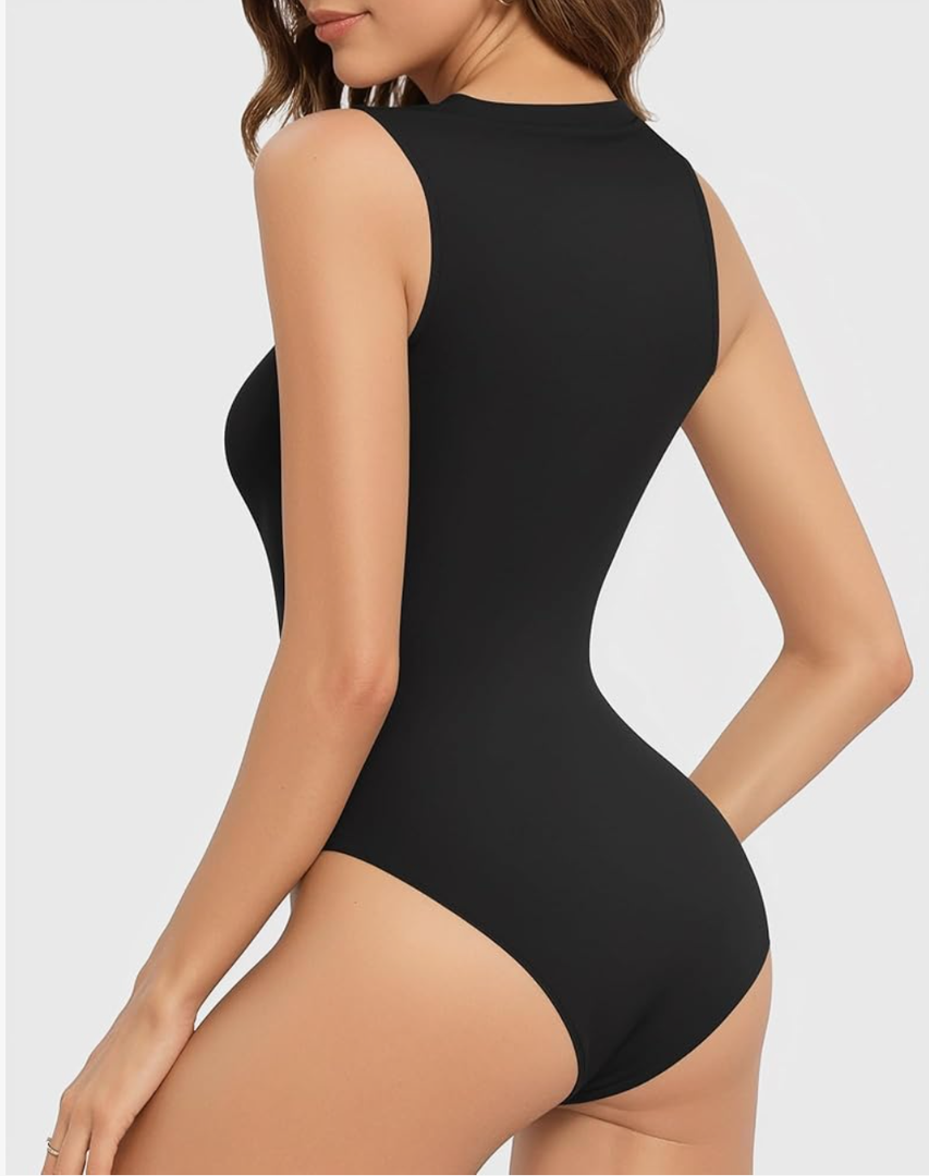 MANGOPOP Sleeveless Bodysuits for Women Crew Neck Tank Top Body Suit Basic Slim Fit Bodysuit Tops Color: Black, Size XL