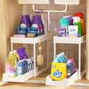 Under Sink Organizers and Storage 2 Pack, Pull-Out Sliding Cabinet Organizer with 2-Tier Storage Shelf & 4 Hooks, Multi-Purpose for Kitchen & Bathroom (13 Inch, White)