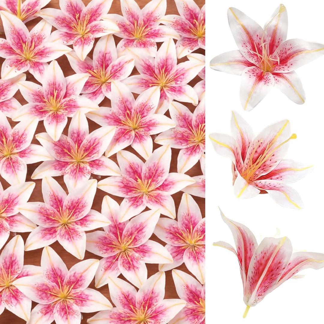 SNAIL GARDEN 24PCS 5.5" Large Fake Lilies Flower Heads with Realistic Stamens,24PCS Pink Artificial Flower Heads, Bulk Silk Flowers for Crafts, Cake Decorating, Wedding Party Wreath, Home Decor