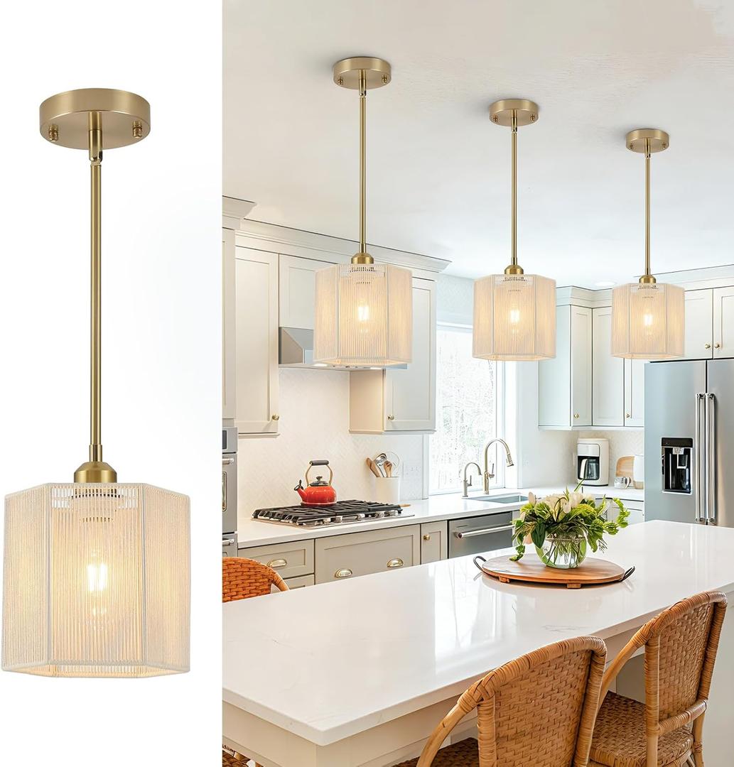 3-Pack Boho Rattan Pendant Light Fixtures, 7.67" Hand-Woven Hexagonal Hanging Pendant Lights, Coastal Farmhouse Mini Island Lighting for Kitchen Island, Dining Room, E26 Base