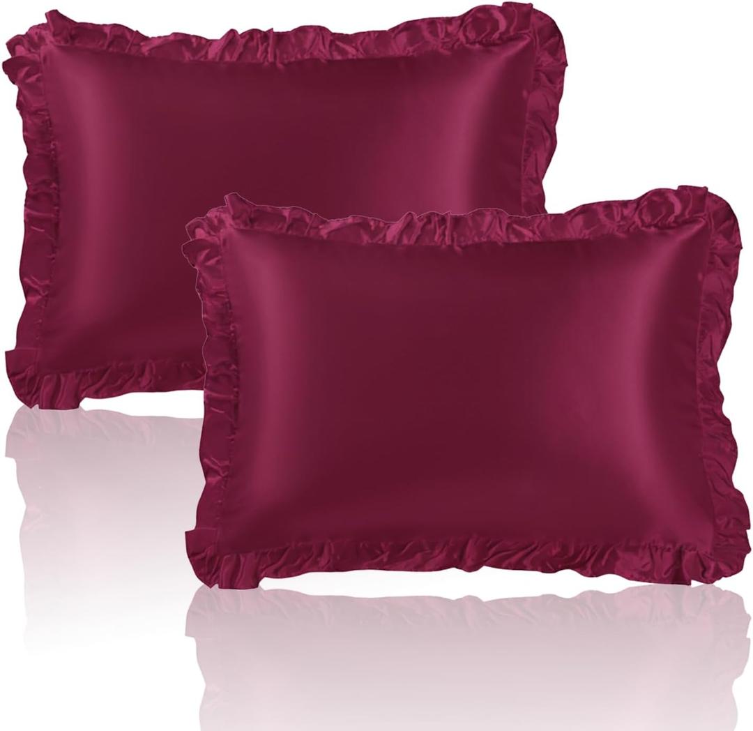 Red Ruffle Satin Pillowcase Standard Size Set of 2, Wine Red Imitate Silk Pillow Cases for Hair and Skin with Envelope Ruffle Closure, Farmhouse Pillow Shams Room Decorative Gift for Women (20"x26")