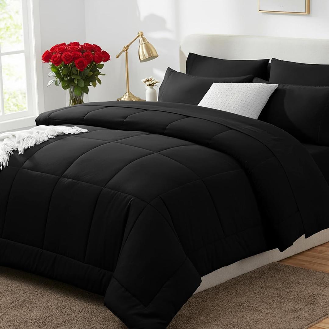 CozyLux Queen Comforter Set Black, 7 Pieces Bed in a Bag, Black Comforter Queen Size, All Season Bedding Sets with Stitch Quilted Comforter, Flat Sheet, Fitted Sheet, Pillowcases