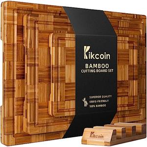 Kikcoin Extra Large Bamboo Cutting Boards, (Set of 3) Chopping Boards with Juice Groove Bamboo Wood Cutting Board Set Butcher Block for Kitchen, End Grain Serving Tray