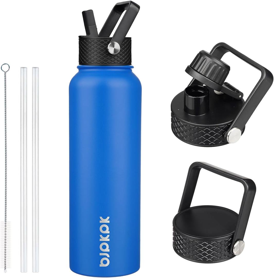 BJPKPK Insulated Water Bottles with Straw Lid, 40oz Stainless Steel Water Bottles with 3 Lids, BPA Free Leakproof Thermo, Tumblers, Cups for Sports, Gym- Sapphire