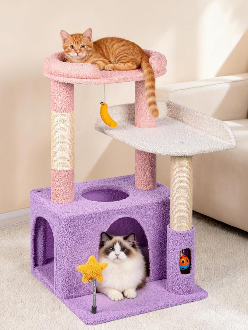 32" Cute Cat Tower for Indoor Kittens with Cat Condo, Plush Platform, Hammock, Sisal Scratching Posts, Dangling Ball, Tall Cat Tree Tower with Self-Grooming Brush (Moonlit Violet)