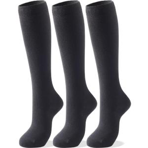 COTTON DAY Women's Soft Combed Cotton Knee High Calf Long Socks Seamless Toe Black White Gray Navy Blue (6-9, Plain Black)