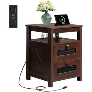 WLIVE Side Table with Charging Station, Farmhouse End Table, Bed Side Table with 2 Mesh Drawers Storage & Open Shelf, Rustic Wooden Cabinet Night Stand for Bedroom, Living Room, Espresso