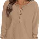 PRETTYGARDEN Women Long Sleeve Waffle Knit Shirts 2026 Fall Casual Button V Neck Loose Henley Tops Basic Tees Winter Clothes, M