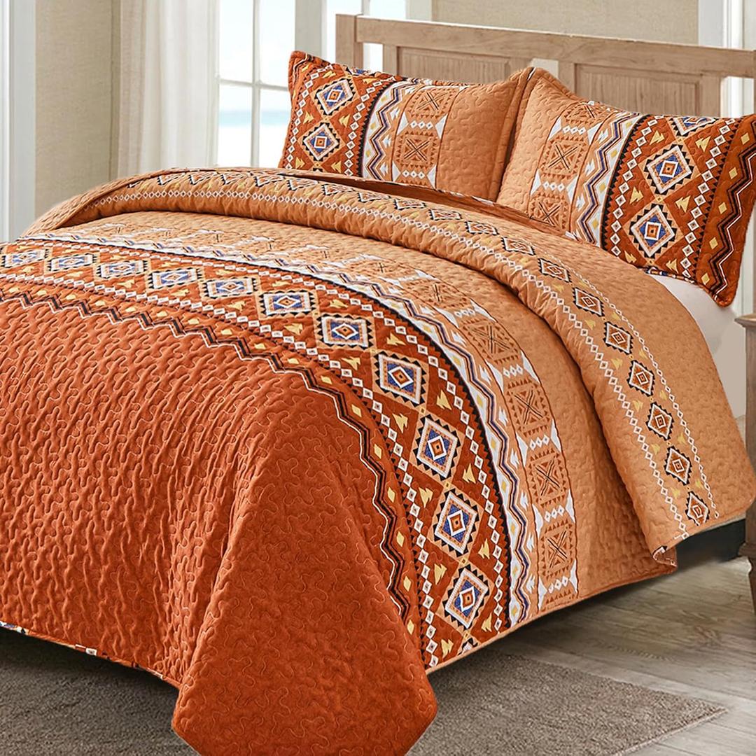 WONGS BEDDING 3 Pieces Quilt Set Queen Size, Burnt Orange/Rust Thanksgiving Quilt Bedspread Bohemian Coverlet Set with 2 Pillowcase, Fall Soft Thanksgiving Bedding Set for All Season 96"90"
