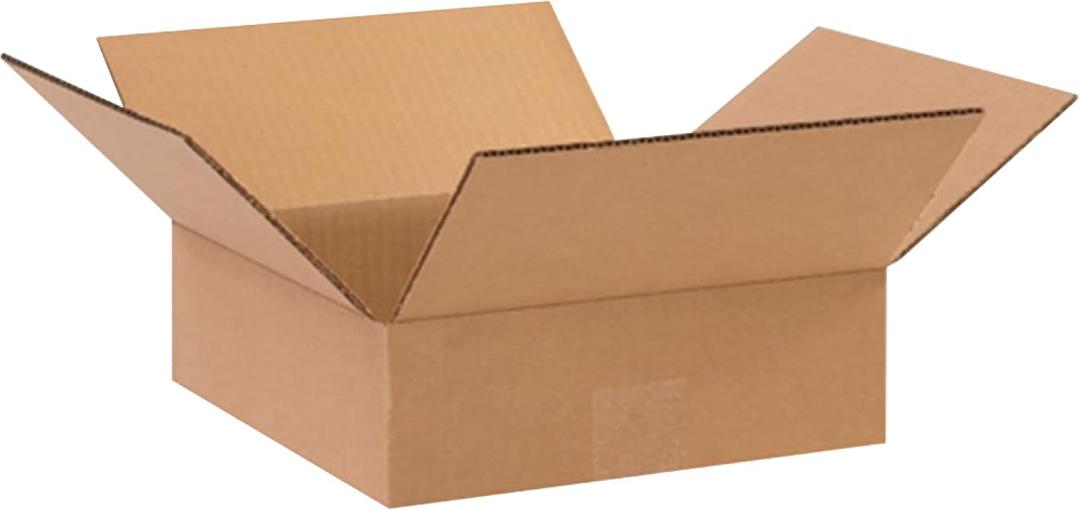 BOX USA 10103 Flat Corrugated Cardboard Box 10" L x 10" W x 3" H, Kraft, For Shipping, Packing and Moving (Pack of 25)