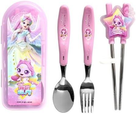 Teenieping Character Dinnerware Set with Case, Cutlery Set, Fork, Spoon, Tableware, Training Chopsticks for Beginners with Silicone Rings (Auroraping)