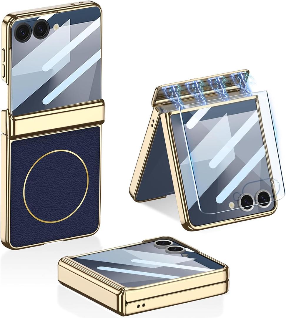 Magnetic Leather Case for Samsung Galaxy Z Flip 7 with Magnetic Hinge Protection & Built-in Screen Protector, [Support Wireless Charging ] Luxury Plating Shockproof Cover for Galaxy Z Flip 7 (Blue)