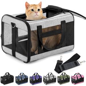 Cat Carrier Airline Approved, Soft-Sided Dog Carrier with Inner Safety Leash, Pet Transport Carrier for Small-Medium Cats Puppies up to 15 Lbs, Collapsible Travel Kitten Carrier Bag -Gray M (17.0"L x 11.0"W x 11.0"H, Grey)
