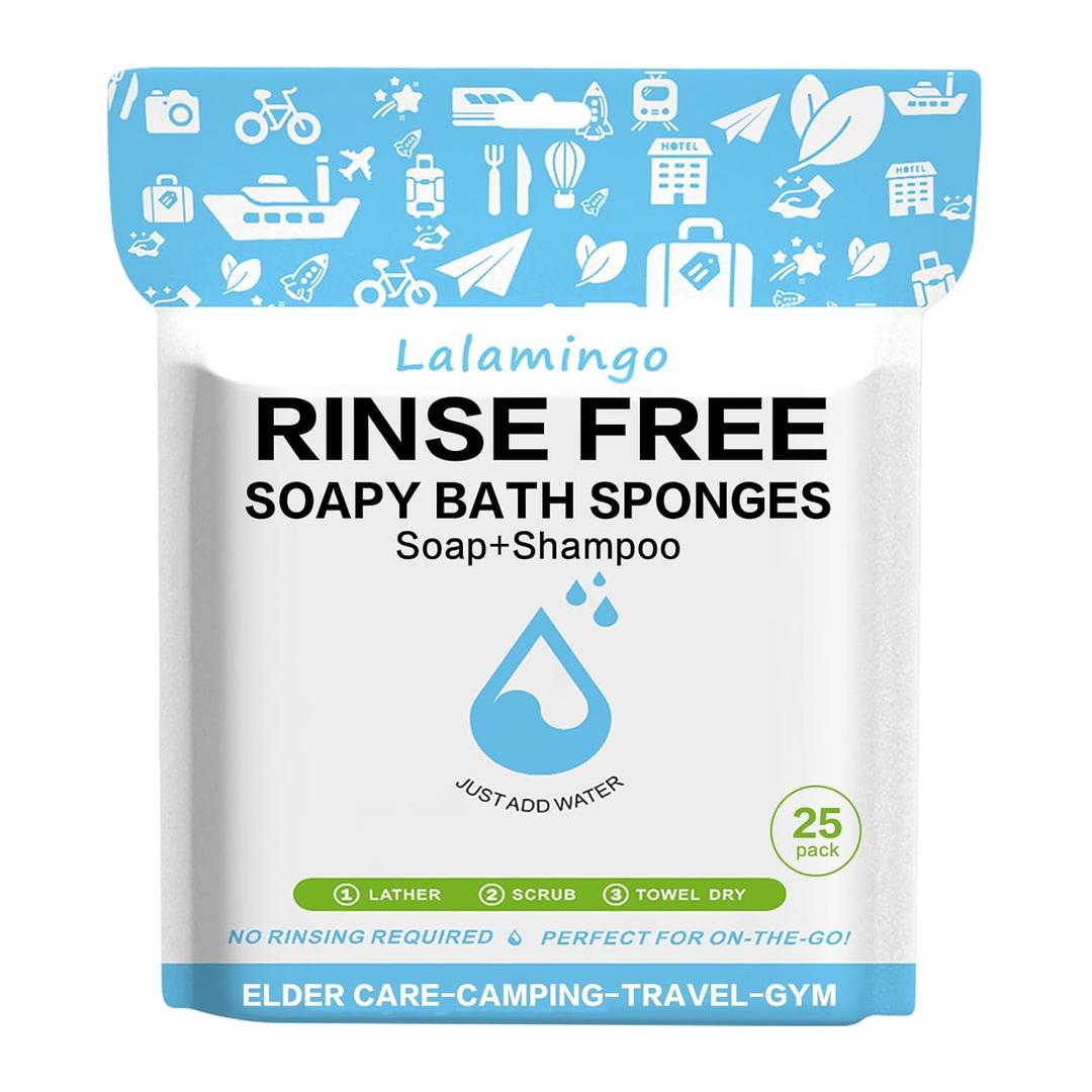Disposable Rinse Free Bath Sponges, No Rinse Bathing Wipes for Adults, Soap Infused Dry Shower Wipes for Elderly, Bedridden, Camping, Post Surgery(25 Count 1 Pack)
