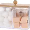 Ohlove Qtip Holder with Bamboo Lids, 3 Compartments Cotton Ball/Swabs Dispenser, Apothecary Jar Clear Plastic Bathroom Container for Storage and Organizer