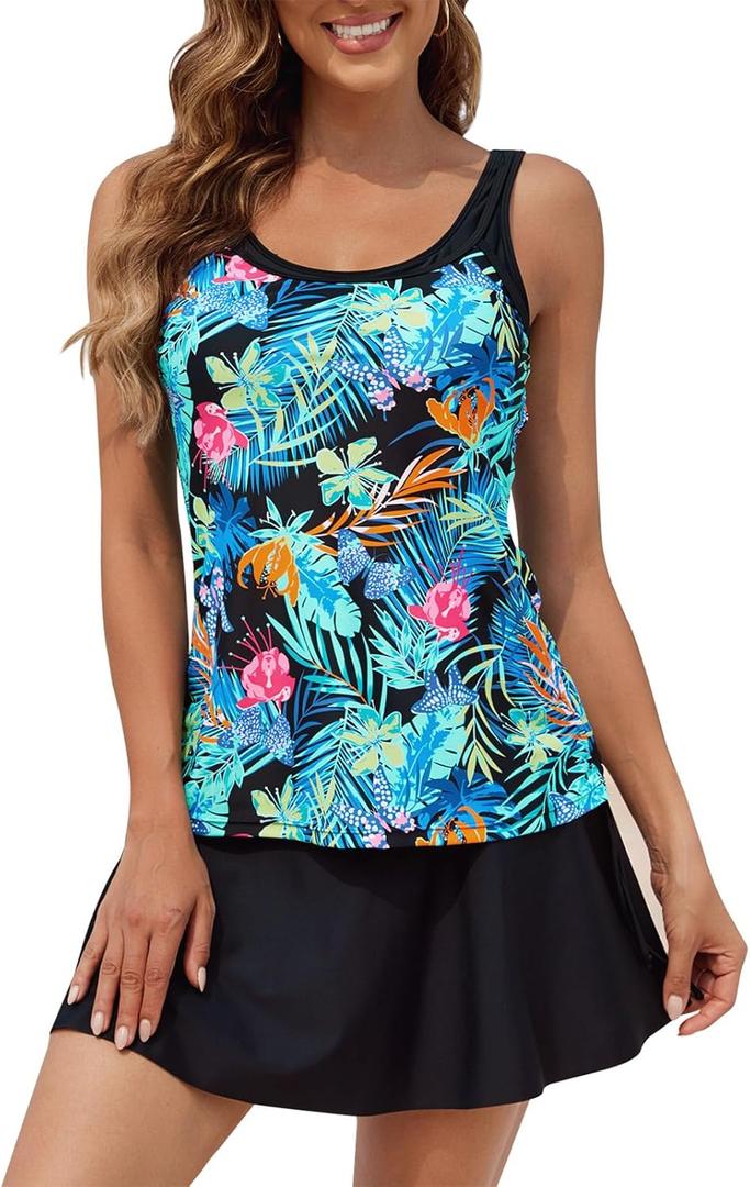 SEAFORM Women's Two-Piece Tankini Swimsuits Tummy Control Bathing Suits False Two-Piece Tankini Top with Swim Dress for Women (Green)