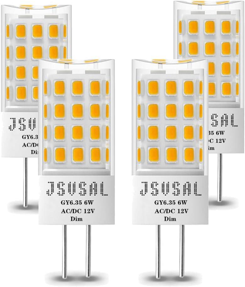 GY6.35/G6.35 LED Bulb Dimmable, T4 JC Type Bi-pin Base,AC/DC 12V Soft White 3000K,6W Equivalent to 50-65W G6.35/GY6.35 Halogen/Xenon/Incandescent Replacement Bulb,4-Pack