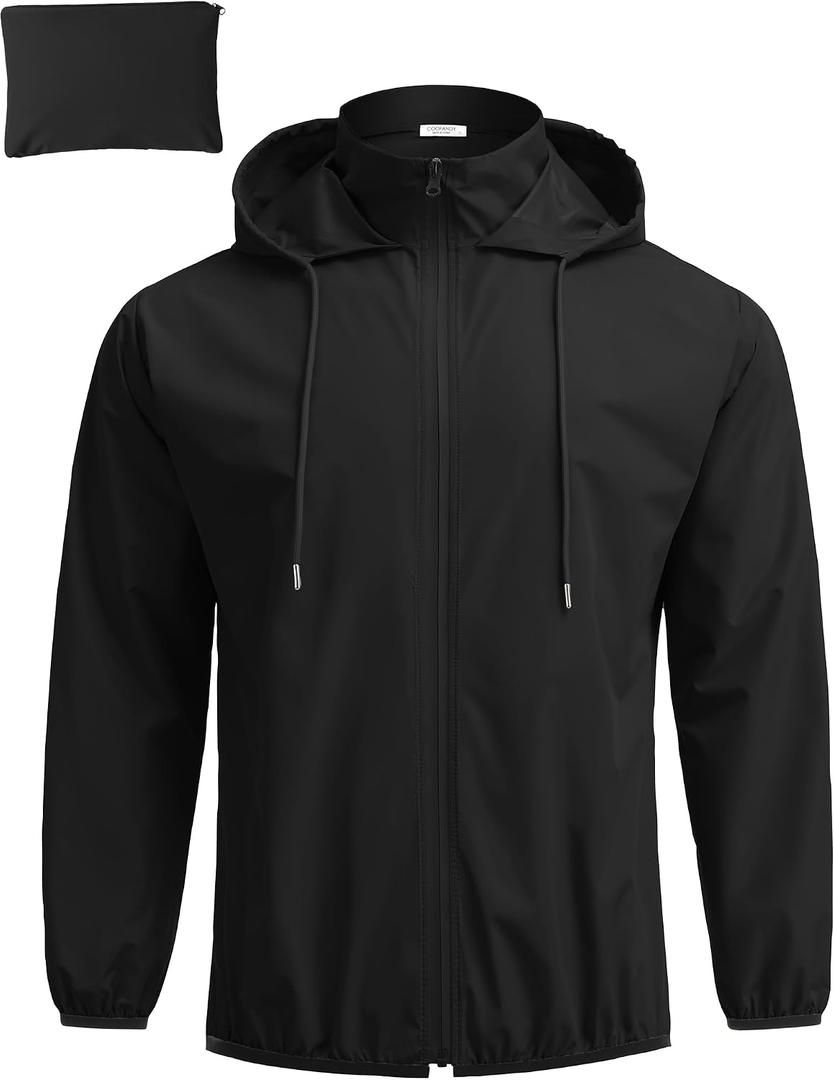 COOFANDY Men's Light Rain Jacket with Hood Packable Waterproof Raincoat Golf Rain Gear Travel Hiking Windbreaker (Black)