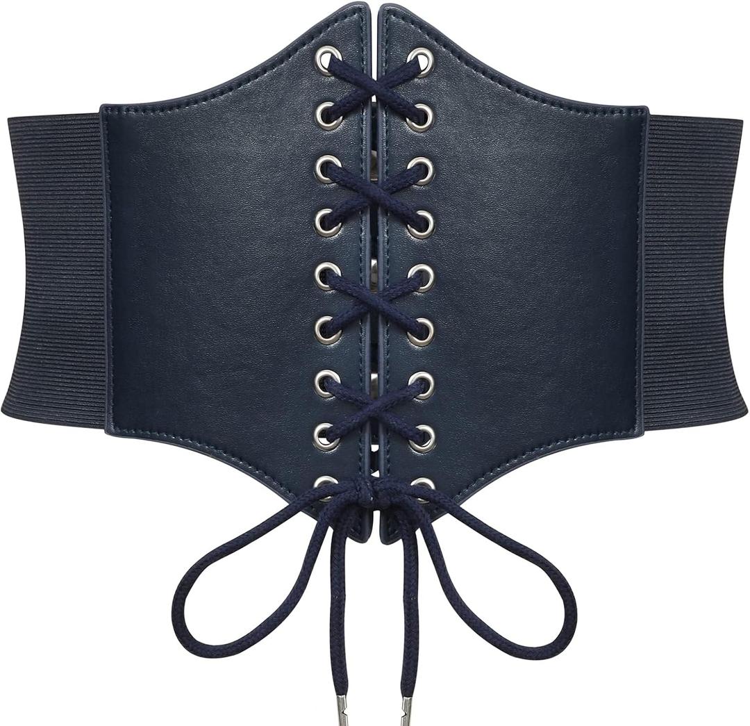 SUOSDEY Black Corset Belt for Women, Vintage Lace-up Elastic Waist, Tied Waspie Wide Belt for Halloween Costume (XS: Waist Size 26''-29'', 16-navy)