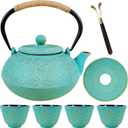 Japanese Tea Set,Cast Iron Tea Pot for Stovetop,Tea Pot with Infusers for Loose Tea,Tea Kettle with 4 Cups,Trivet&Cap Lifter,Flower Design Teapot,Coated with Enameled Interior-32 Ounce(900ml),Teal (32Ounce)