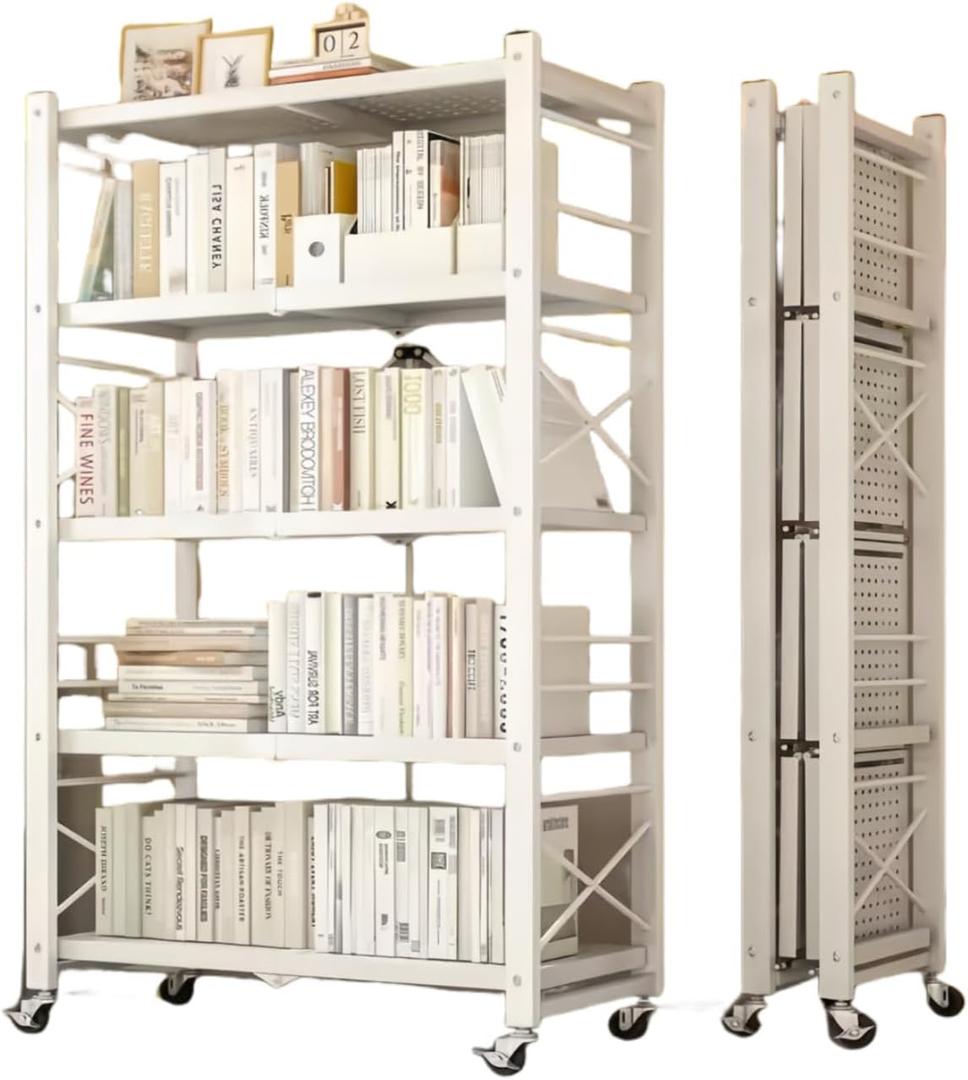 Foldable 5-Tier Metal Storage Shelves | Heavy Duty Collapsible Wire Rack for Garage, Closet & Craft Shows | No Assembly Needed Rolling Shelf | Stylish Black & White Design