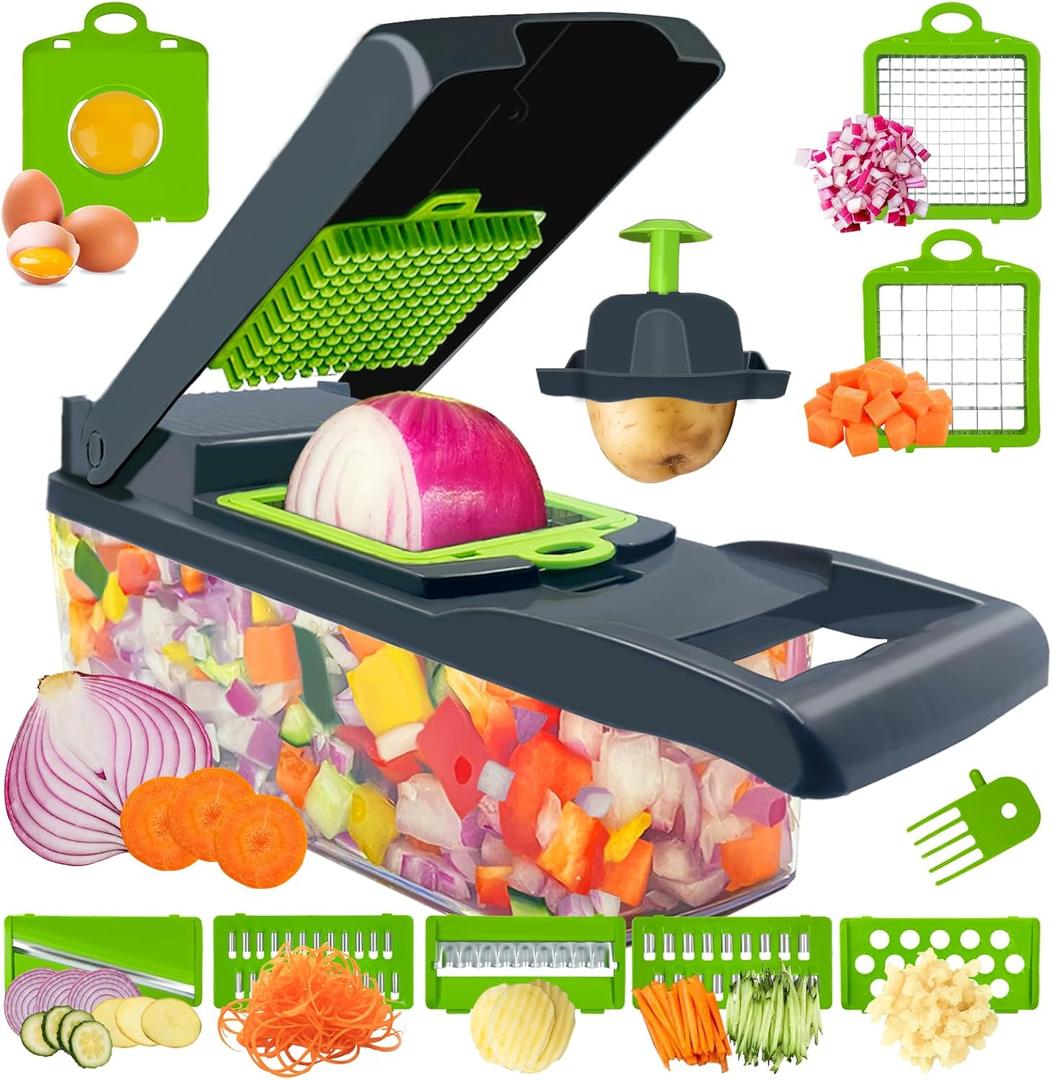 Vegetable Chopper, Multifunctional 14-in-1 Kitchen Veggie Chopper Food Chopper with 8 Blades, Pro Onion Chopper Vegetable Cutter Slicer Dicer with Container for Patato, Salad