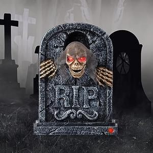 Motion Activated Halloween Animatronics Zombie Tombstone - LED Gravestone Decorations with Spooky Skeleton Skull Head, Light Up Eyes, Creepy Voice, Scary Motion Haunted Horror Prop for Indoor/Outdoor