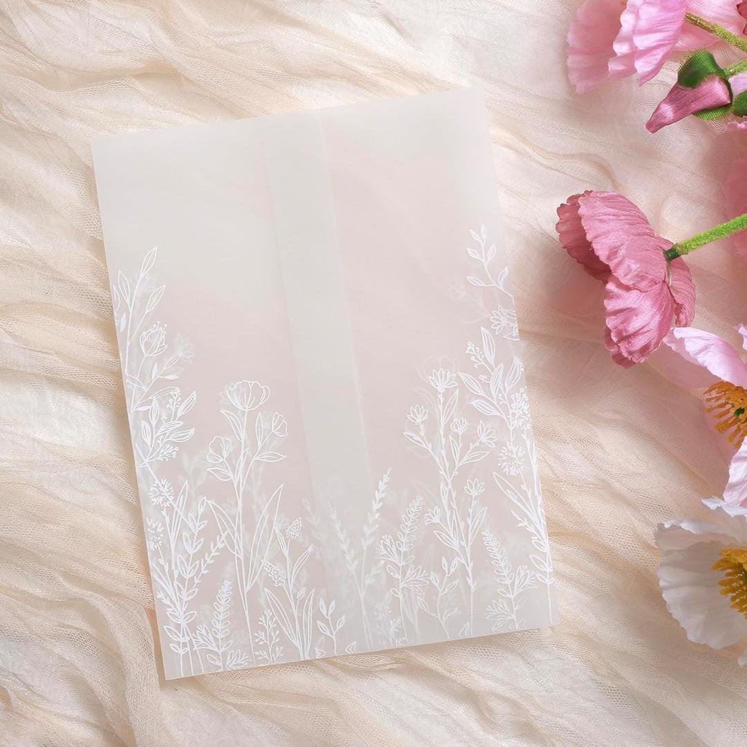 50 Pack Vellum Jackets for 5x7 Invitations - Pre-Folded 130GSM Translucent Paper Wraps for Wedding, Baby Shower, Birthday (Wildflower Pattern)