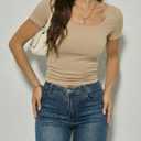 Womens Scoop Neck Ribbed Short Sleeve Tops Fitted T Shirt Slim Fit Casual Summer Basic Tee (Beige, L)