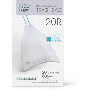 Home Zone Living 5.3 Gallon Kitchen Trash Bags with Drawstring Handles, Heavy Duty Custom Fit Design for 20 Liter Dual Recycling Liners, Code 20R, 60-Count