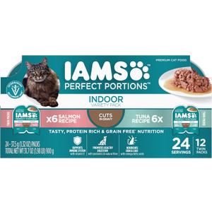 IAMS Perfect Portions Grain Free Wet Cat Food, Indoor Adult Cat Food Wet Cuts in Gravy, Variety Pack: Tuna & Salmon Recipe, 1.98 lb. (Pack of 1) Twin-Pack Trays (EXP 05/02/28)