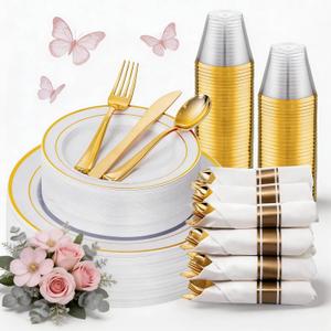 WDF Partyware 175PCS White and Gold Plastic Plates - Gold Plates with Rolled Napkins for Party - 25Guest Disposable Dinnerware Sets for Wedding/Baby Shower/Spring/Birthday/Mother's Day