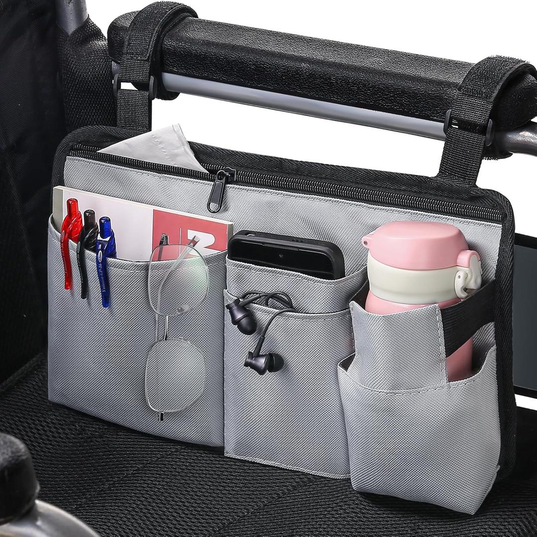 CTWWFS Upgrade Wheelchair Side Bag with Cup Holder, Armrest Accessories for Wheelchair, Rollator, Walker, The Perfectly Organized to Free your Hands and Bring you A Wonderful Life Experience (Gray)