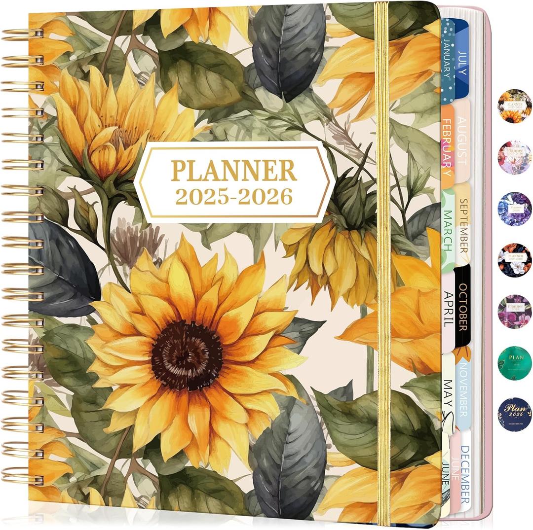 CAGIE 2026 Planner Weekly and Monthly  January - December 2026 Calendar, Hardcover Spiral Bound, 13 Monthly Dividers Tabs, Stickers, 8.3 x 9.3 Inch, Women Sunflower Planner Agenda For Work, Family Affiar, Personal