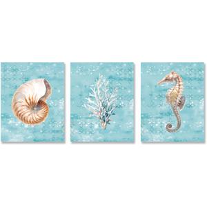 SEVEN WALL ARTS 3pcs Coastal Wall Art Marine Picture Ocean Animal Print Teal Seashell Conch Sealife Artwork for Bathroom Living Room Bedroom Decor