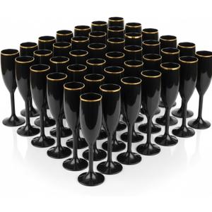 Domensi 40 Pcs Champagne Flutes Bulk 6 oz Christmas Acrylic Wine Glasses Toasting Goblet Unbreakable Plastic High Stem Champagne Cups for Wedding Birthday Party (Black and Gold)