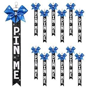 Aileam Cheer Pin Me Ribbon for Cheer Bag Bow Keychain with Rhinestones Competition Teen Girls Cheerleading (13inch (12 PCS), Blue/Black