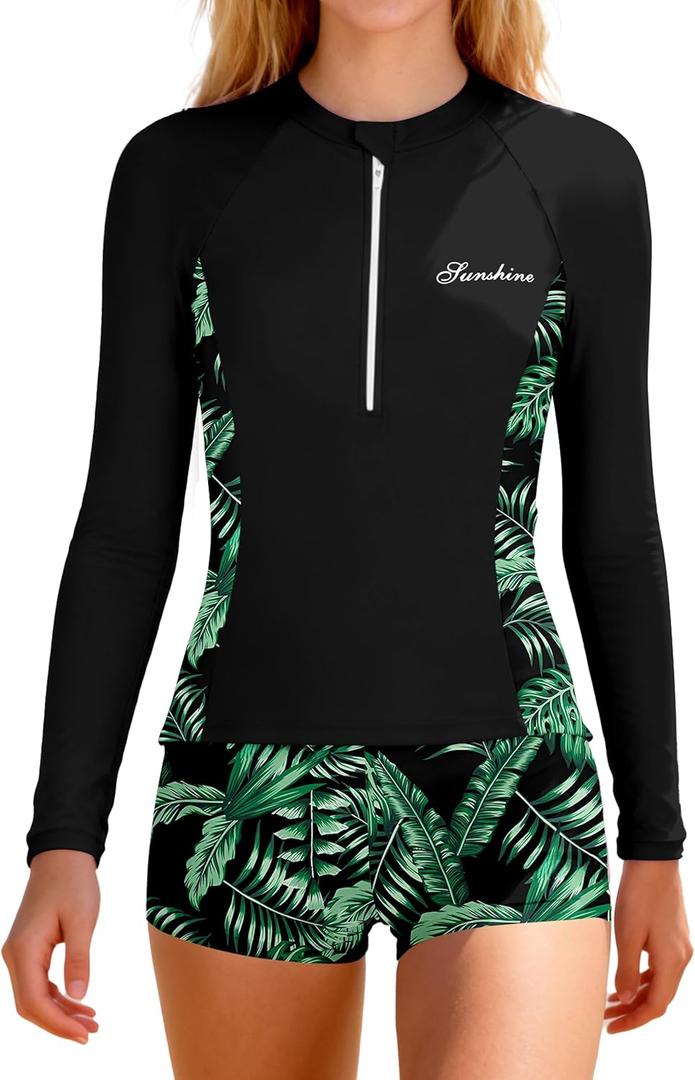 Girls Rash Guard Swimsuit 10-12 Two Piece Set Long Sleeve Black Tropical Leaf Print Bathing Suit UPF Sun Protective Kids Girls Long Sleeve Swimsuit for Surfing & Beach (Black+Palm Trees)