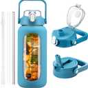 64 oz Glass Water Bottle with Straw and 2 Lids, Half Gallon Water Bottle with Sleeve, Large Insulated 2 Liter Glass Water Jug Time Marker with Handle (Steel Blue)