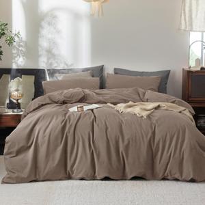 FOSSA Duvet Cover Set 100% Washed Cotton Linen Feel Super Soft Breathable Cozy 3 Pieces Bedding Sets Solid Pale Brown Queen