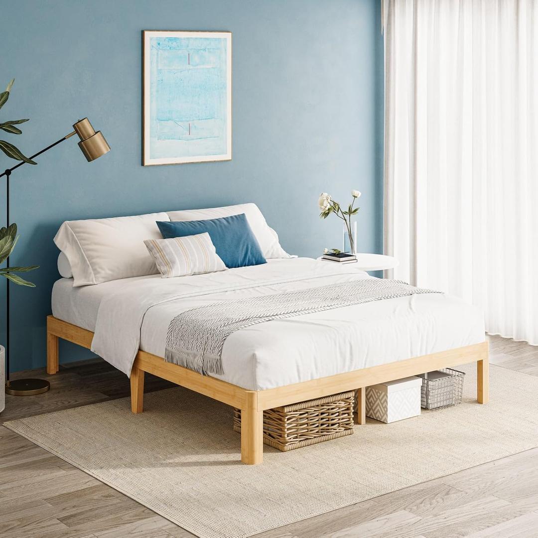 12 Inch High Bamboo Wood Queen Bed Frame, Steel Slats Support Queen Size Bed Frame, Solid Foundation, Noise Free, No Box Spring Needed, Easy Assembly