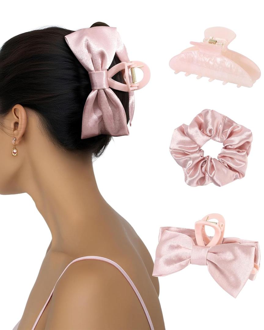 HAIMEIKANG 3 PCs Hair Bow and Acrylic Hair Claw Clips with Hair Scrunchies for Women and Girls, Strong Hold Non-slip Jaw Clips for Thick Thin Hair (Pink)