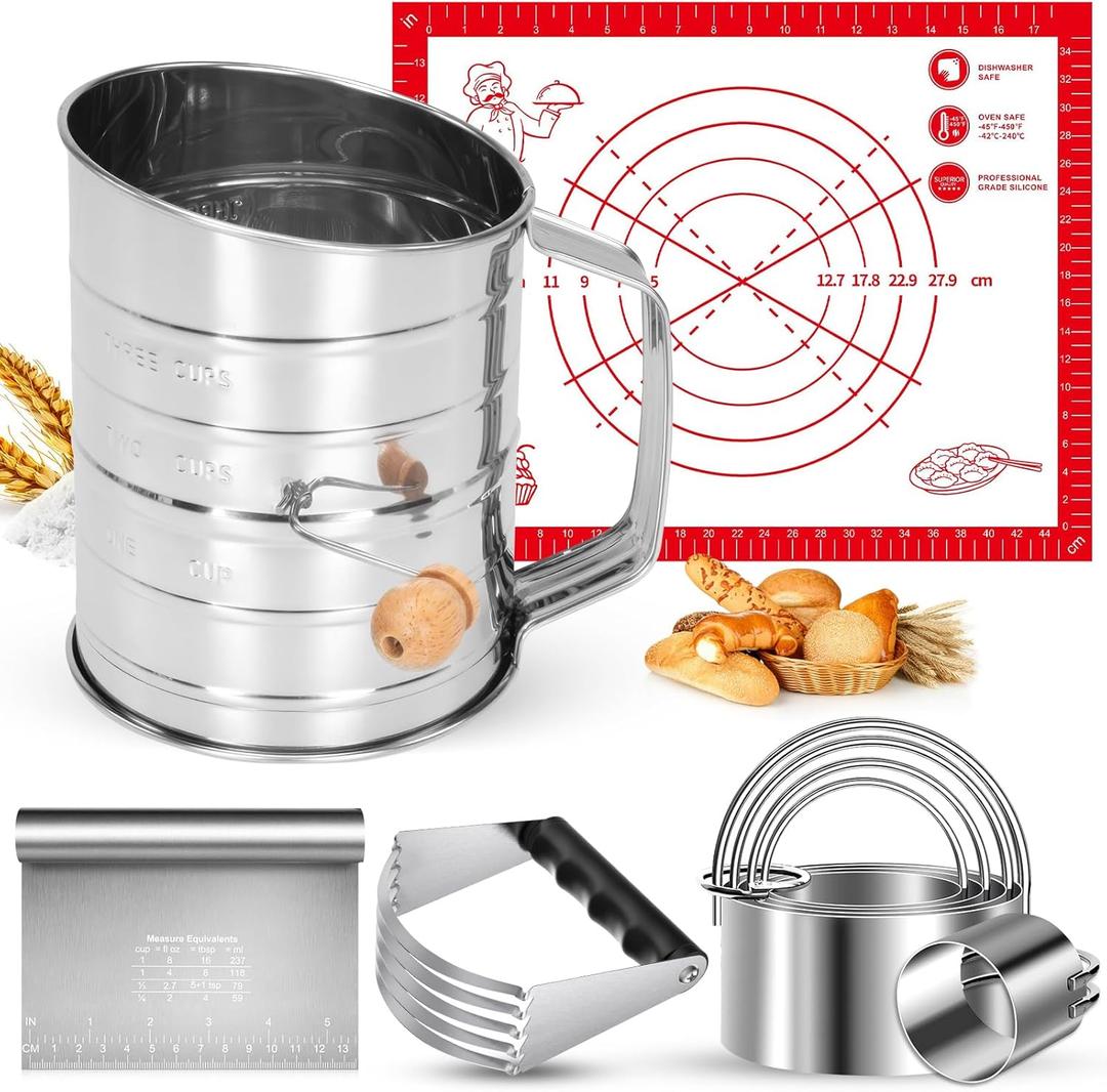 9PCS Stainless Steel Pastry Blender Set, 3 Cup Flour Sifter, Biscuit Cutter, Pastry Cutter, Dough Cutter, Silicone Baking Mats, for Cooking Cookies and Donuts, Cakes, Biscuits or Making Pancakes,9 Pcs Pastry Blender Set