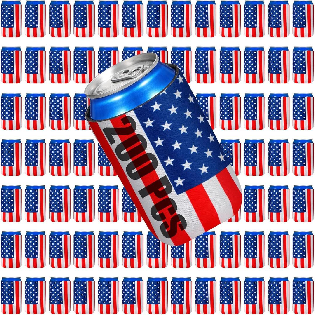 Umigy 200 Pcs American US Flag Beer Can Coolers Bulk, 4th of July Patriotic Insulated Neoprene Can Cooler Sleeves, Plain Can Cooler Cover for Sublimation Soda Drink Water Bottle Birthdays Weddings (Red,white,blue)