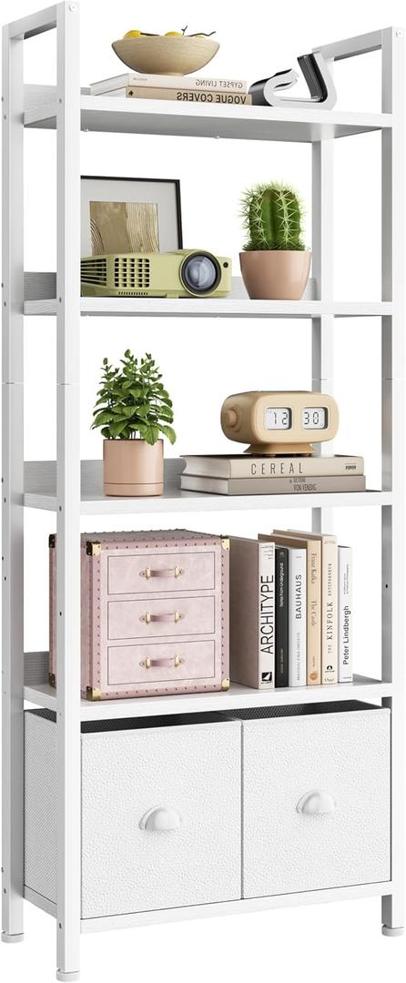 Furologee 5 Tier Bookshelf with Drawers, White Tall Bookcase with Shelves, Wood and Metal Bookshelves Storage Organizer, Modern Display Free Standing Shelf Unit for Bedroom, Living Room, Office