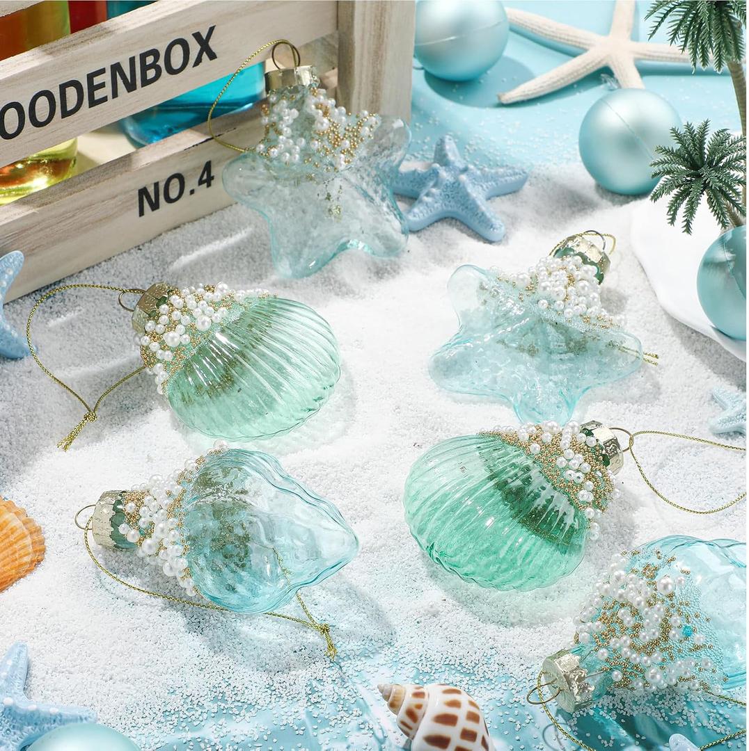 Leinuosen 6 Pcs Coastal Christmas Tree Ornaments Nautical Beach Ocean Blue and Silver Christmas Ornaments Tree Decorations Glass Starfish Conchs Seashell Sea Hanging Decorations for Xmas Party Decor