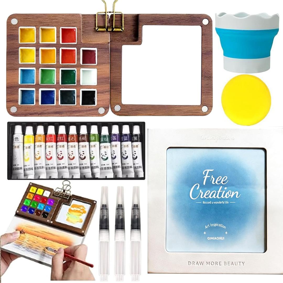 Mini Watercolor Paint Set with 15 Grid Travel Portable Palette Pocket Artists Wooden Gird Paint Box for Kids Painters Students